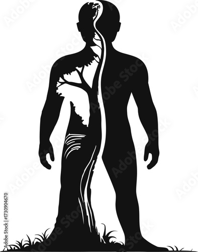 Human Figure Silhouette With Tree Inside Nature Balance Conceptual Vector
