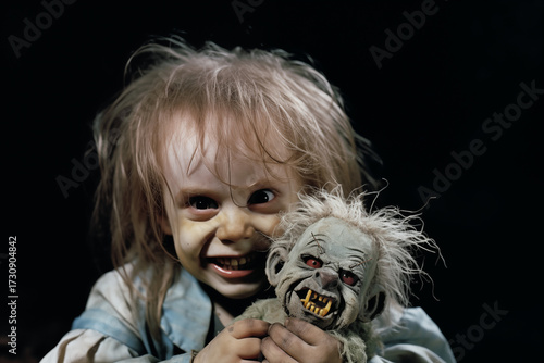 creepy, smiling little girl with wild hair holding a scary horror doll in the dark, with a sinister and halloween or zombie makeup look, a chilling close-up. Helloween 