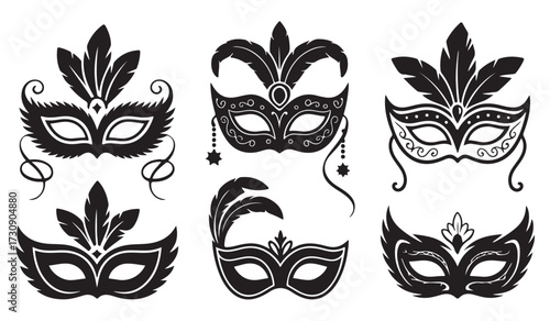Ornamental masquerade mask icons with feathers, vintage festival costume design, and celebration accessories in silhouette illustration style