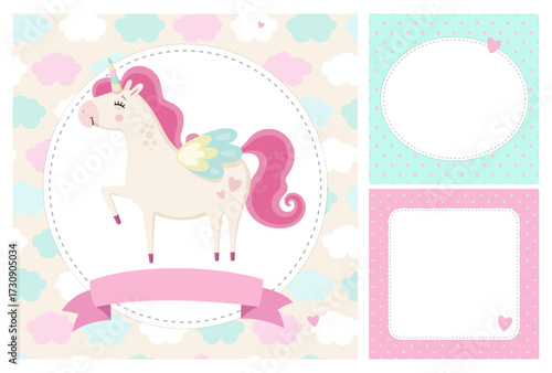 Set of unicorn theme cards and blank space. Delicate pastel colors, children's style. Framed postcars. Beautiful standing unicorn.