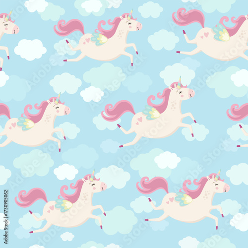 Seamless flying unicorn pattern with fluffy clouds cute fantasy nursery background vector illustration