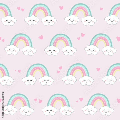 Seamless kawaii rainbow pattern with cute smiling clouds hearts and pastel nursery vector illustration