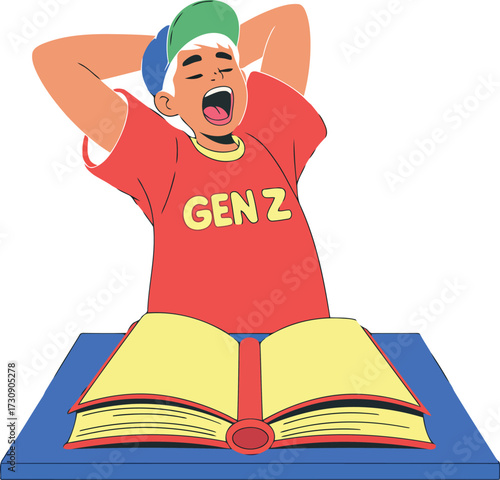 Tired Student Yawning with Open Book on Table and Gen Z T-shirt