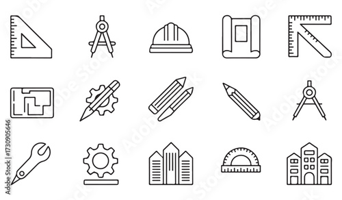 Architecture and engineering outline icon set with drafting tools, ruler, compass, helmet, blueprint, and modern building illustrations in minimal style