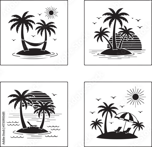 Tropical palms illustration with coconut trees silhouette on a summer beach sunset
