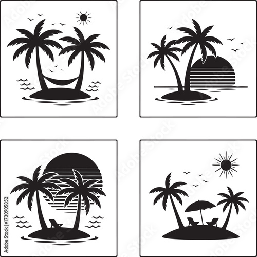 Black palm trees set isolated on white background
