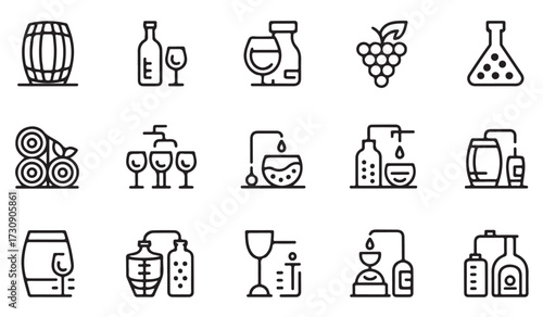 Winery and brewery minimal line icon set showing wine bottles, glasses, grapes, barrels, fermentation jars, and cocktail illustrations