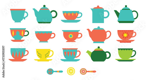 Colorful Teapots and Cups Displayed in an Inviting Kitchen Environment