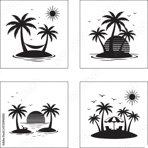 Tropical palm trees set silhouettes Black palm trees set isolated on white background. Palm silhouettes.
