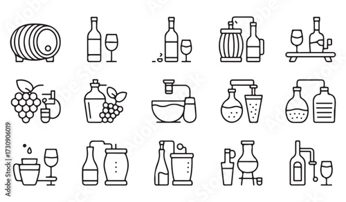 Brewery and distillery line icons collection with wine barrels, bottles, grapes, fermentation tools, and drink preparation equipment in outline design