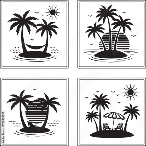 silhouette tropical island and palm tree illustrations
