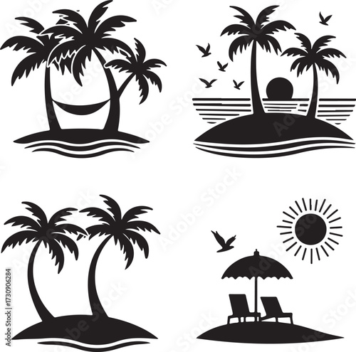 A modern palm tree illustration is available, featuring a simple and flat design, as well as a coconut tree icon
