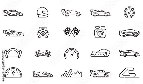 Linear motorsport and race icons set with racing cars, stopwatch, flags, helmet, competition symbols, engine, and automotive design illustrations