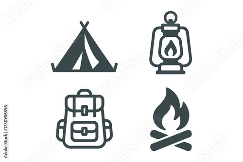 Collection of four simple camping icons including a tent lantern backpack and campfire