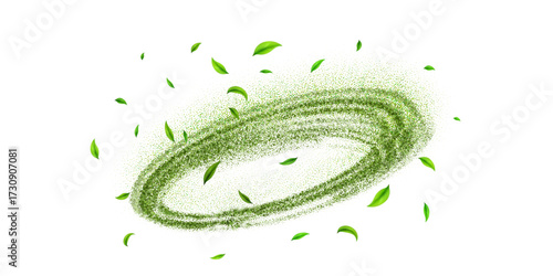 Isolated green matcha dust and powder splashes with mint spray effect and flying green leaves, top view on white background.