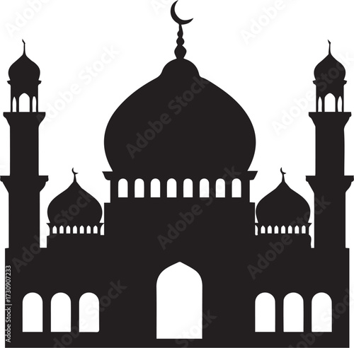 A stark black silhouette depicts a mosque with a central dome, flanking minarets, arched windows, and a crescent moon atop the dome.