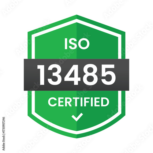 Iso 13485 certification badge with green and black color scheme displayed