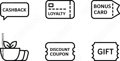 Set of icons representing loyalty, cashback, gift, and discount offers for shopping