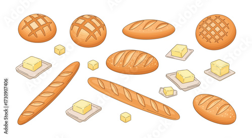 Freshly Baked Bread Assortment with Butter Slices Vector Illustration - Delicious Food Collection for Bakery and Breakfast Designs