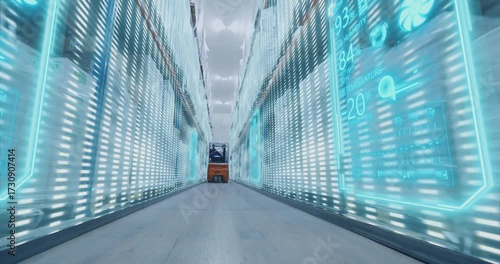 Smart cold chain logistics concept. Cold storage food warehouse inside, interior. Smart frozen storage warehouse. Semi-automated warehouse. Automated Storage & Retrieval System. 