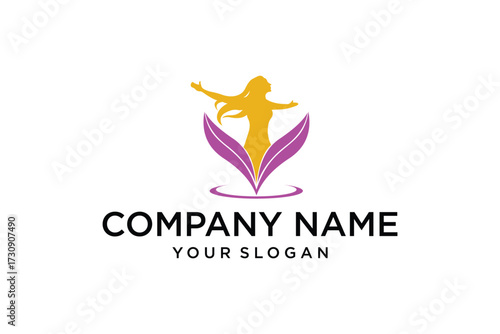 Woman with outstretched arms and floral elements logo design inspiration