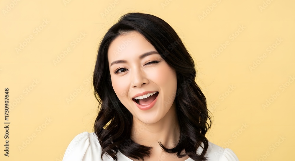 Naklejka premium Charming young Japanese woman with playful wink on pastel yellow background, perfect for humor, flirting, memes, positivity, and confident expressions. 