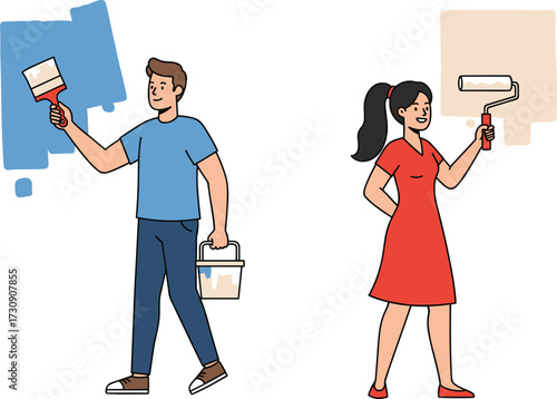 Home painting scene, man with brush, woman with roller, interior renovation, wall color change, teamwork, DIY, lifestyle, illustration, concept