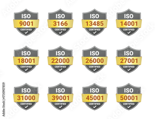 Display of various iso certification standards badges with checkmarks presented