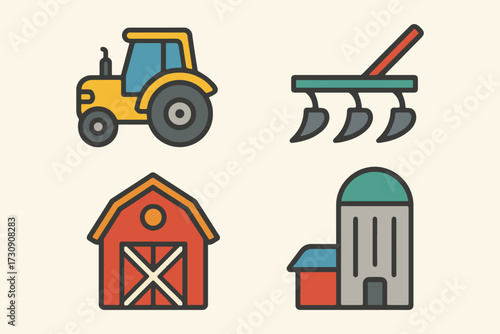 Farm icons including a tractor plow barn and silo in a simple flat design style