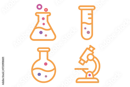 Set of four colorful science laboratory equipment icons including flasks and microscope