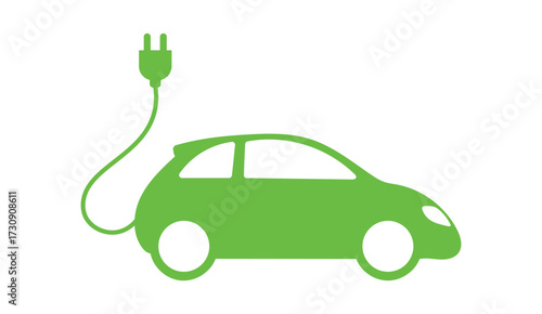 Green electric car illustration connected to a charging plug for power