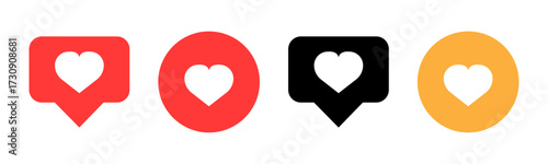 Heart or like social media account icons. Liking or favoriting a post sign. black, gold and red in circles and speech bubbles.