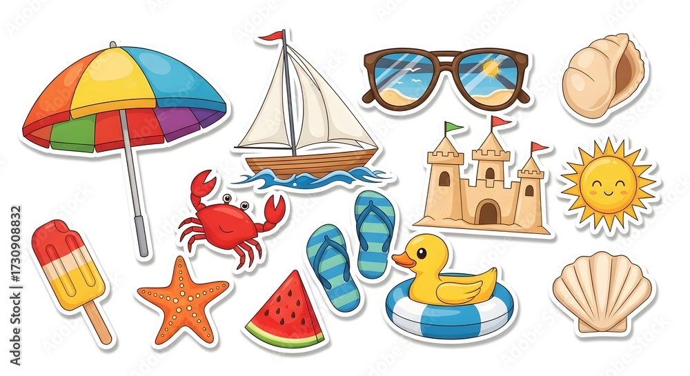 Fototapeta premium Fun summer beach sticker collection with umbrella, sailboat, sunglasses, seashells, crab, sandcastle, sun, popsicle, starfish, watermelon, flip-flops, and rubber duck for creative projects.