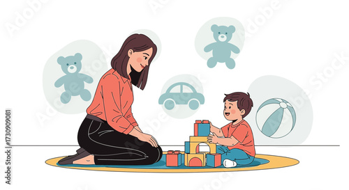 A mother and child engage in playful learning with building blocks in a joyful cartoon