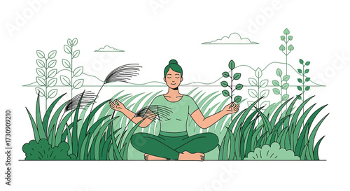 A serene woman meditating in nature, surrounded by lush greenery and a peaceful landscape