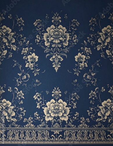 Blue dark wallpaper, floral ornamental pattern, elegant vintage design, delicate decorative motifs, intricate details, luxury interior style, classic elegance, sophisticated textures, harmonious compo