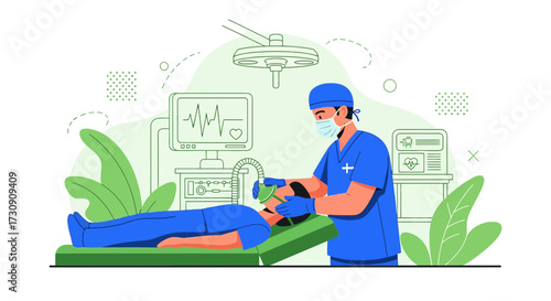 Anesthesiologist administering anesthesia to patient undergoing surgery in operating room scene