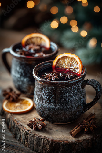Cozy mulled wine mugs with orange slices and star anise, evoking a warm winter evening atmosphere and holiday spirit on a rustic wooden table