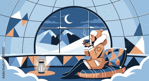 Cozy winter scene with a woman enjoying a warm drink inside an igloo on a chilly evening