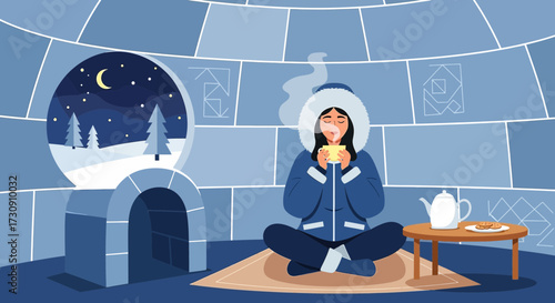 Cozy Winter Scene: Woman Enjoying Hot Drink in Igloo with Snowy Night View Illustration