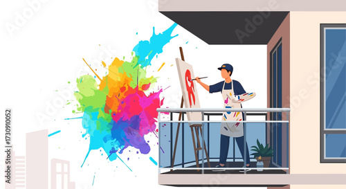 Creative inspiration: artist painting on a balcony with vibrant color splashes expressing