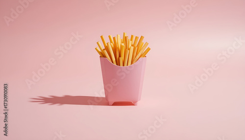 Minimalist pink french fry box with thin yellow fries on a pink studio background