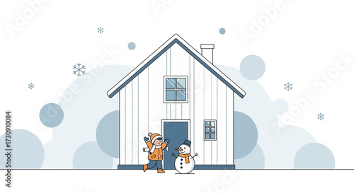 Cute winter scene depicting a child and a snowman in front of a cozy house