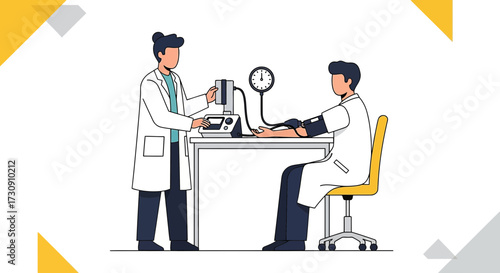 Doctor checking patient blood pressure with sphygmomanometer in hospital clinic office for