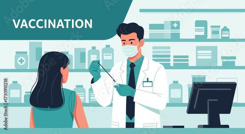 Doctor administering vaccine to patient in clinic setting promotes healthcare awareness and