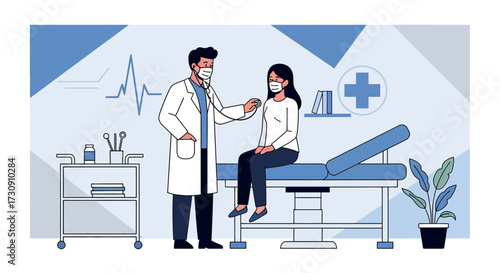 Doctor examining patient with stethoscope in clinic with medical equipment and decor