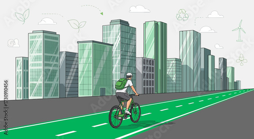 Eco-friendly city transportation illustration featuring a cyclist on a green bike lane in urban area