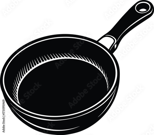 A bold black and white illustration of a classic empty frying pan with a long handle perfect for cooking