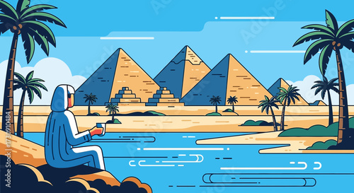 Egyptian pyramids landscape with a man enjoying the view while holding a cup of coffee and palm