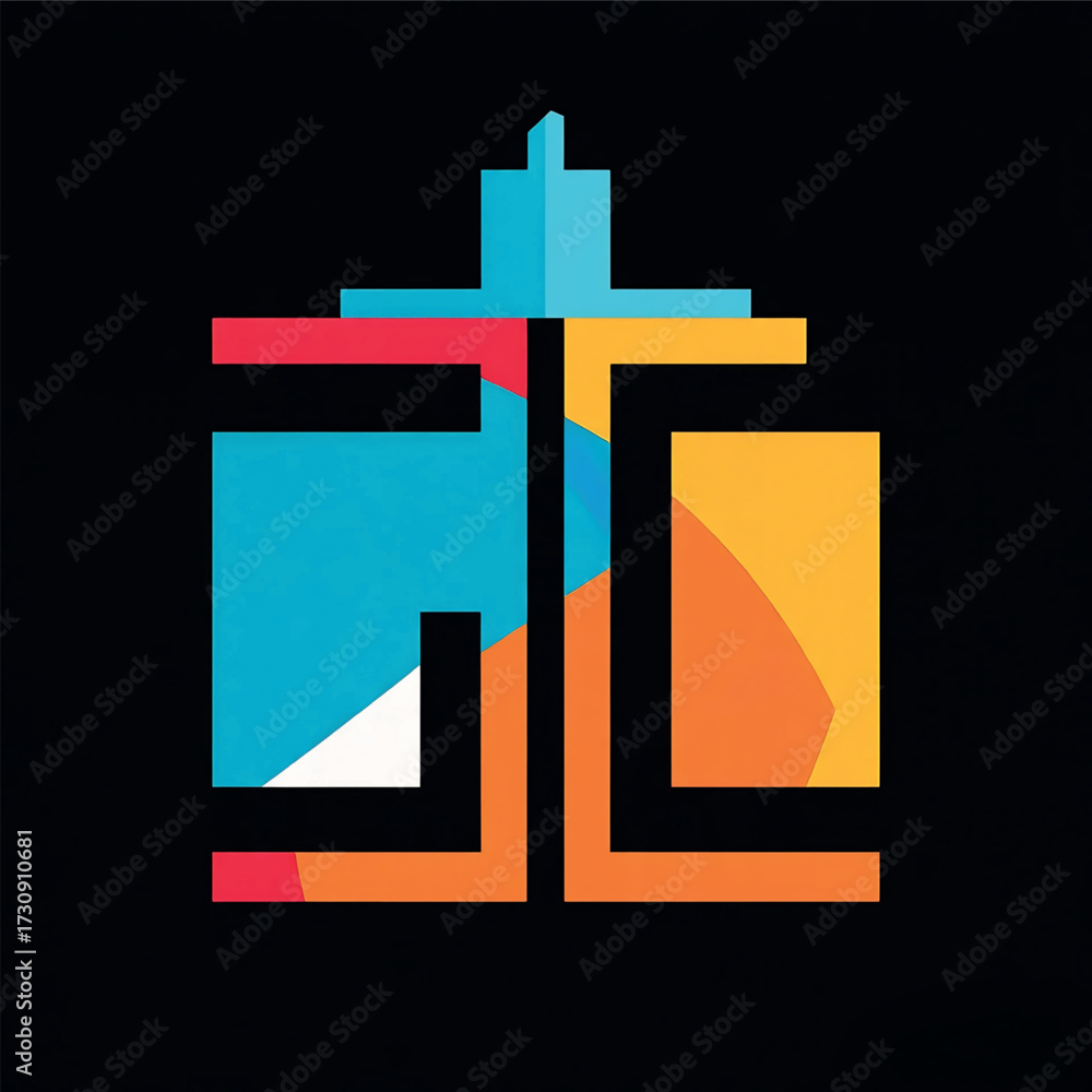 Fototapeta premium Abstract Cityscape Illustration with Geometric Shapes and Vibrant Colors on Black